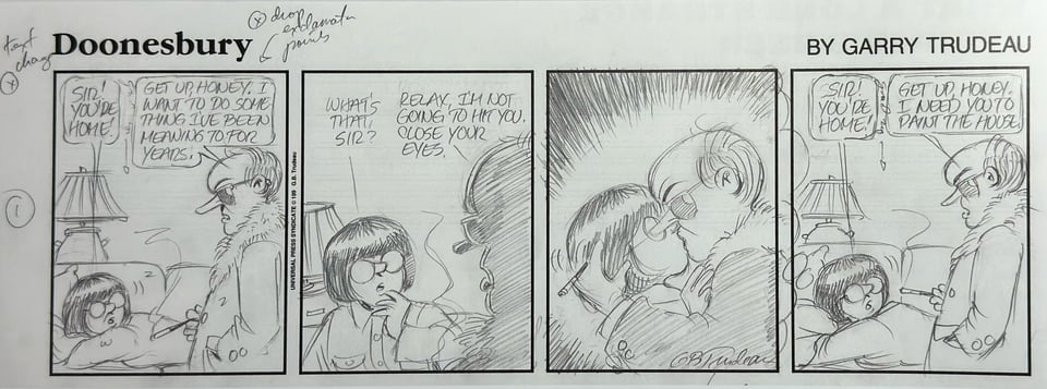 Four-panel Doonesbury strip in pencil, with instructions for the inker. The strip depicts recurring characters Honey and Duke, with the first three panels revealed as a dream of Honey's that Duke would kiss her.