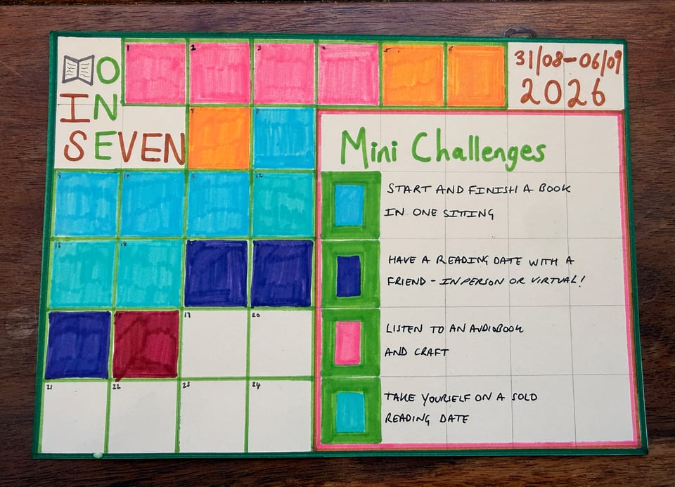 A colourful, hand-drawn reading challenge tracker titled "One in Seven", dated August 31st to September 6th, 2026. The left side contains a grid of numbered squares coloured pink, orange, blue and purple. On the right, four mini challenges are listed: finish a book in one sitting, have a reading date with a friend, listen to an audiobook while crafting, and take yourself on a solo reading date.