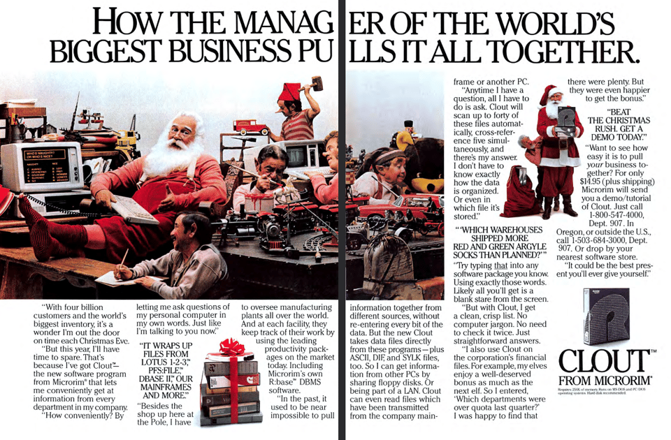 A chaotic scene of Santa's workshop, with Christmas elves making toys in the background while Santa reclines in front of a computer displaying a naughty and nice list.