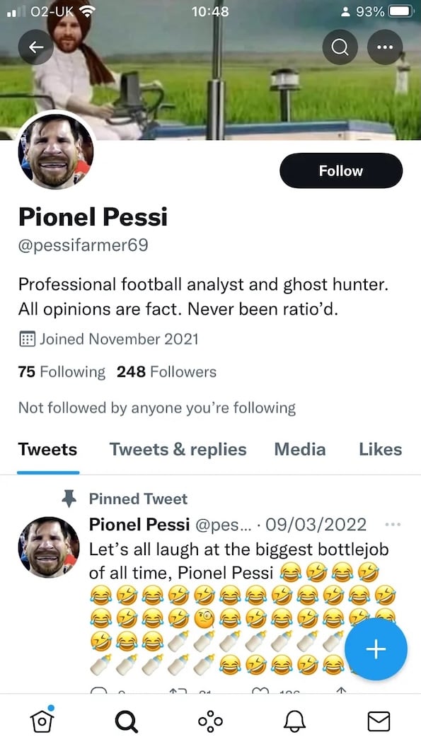 Screenshot of a Twitter account, Pionel Pessi, @pessifarmer69. The bio picture is an ugly distortion of the footballer Lionel Messi. The account bio includes the claim “Never been ratio’d."