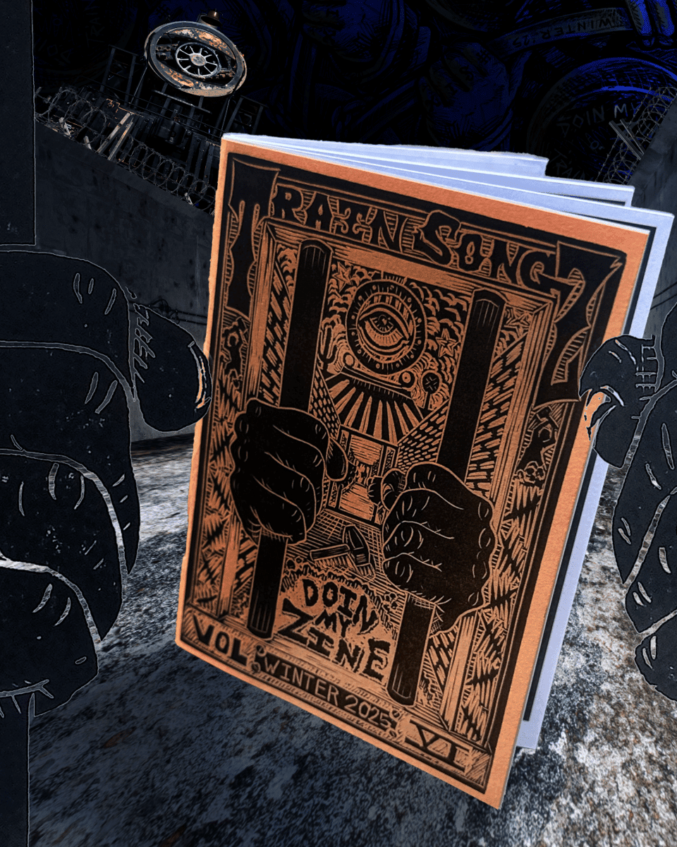 A hand holds an illustrated Train Songz zine titled "Doin' My Zine," featuring hands gripping prison bars on the cover.