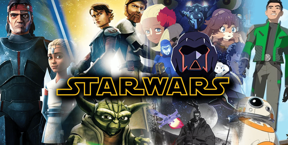 a graphic featuring a selection of characters from various Star Wars animated series behind a yellow and black star wars logo