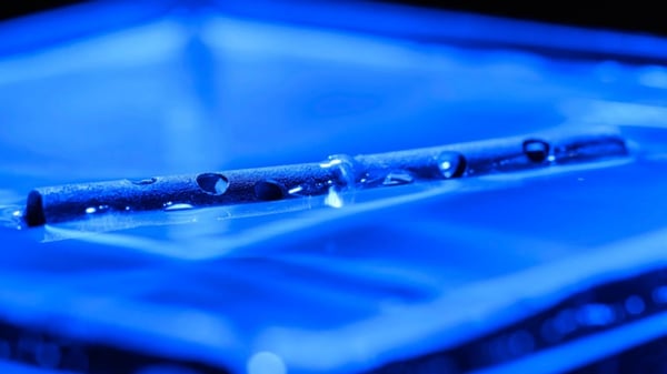An aluminum tube with numerous holes drilled in it floating on the surface of water.