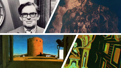 a collage of images including a photo of Robert Aickman and details from the covers of Cosmic Horror Monthly #65 and of John Chrostek's novel Feast of the Pale Leviathan, as well as a detail of Giorgio di Chirico's painting The Red Tower