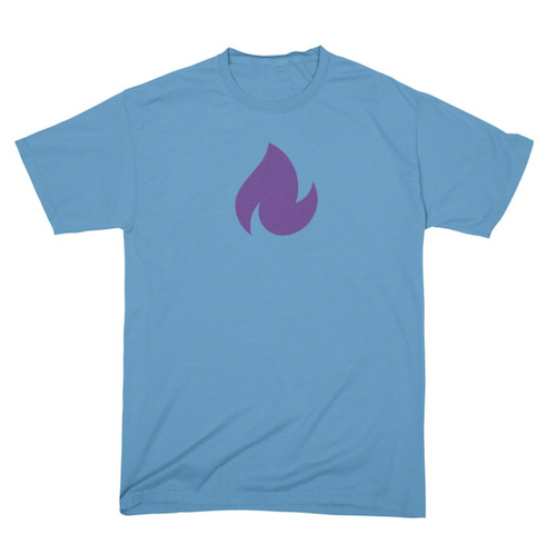 a purple flame on a blue t - shirt