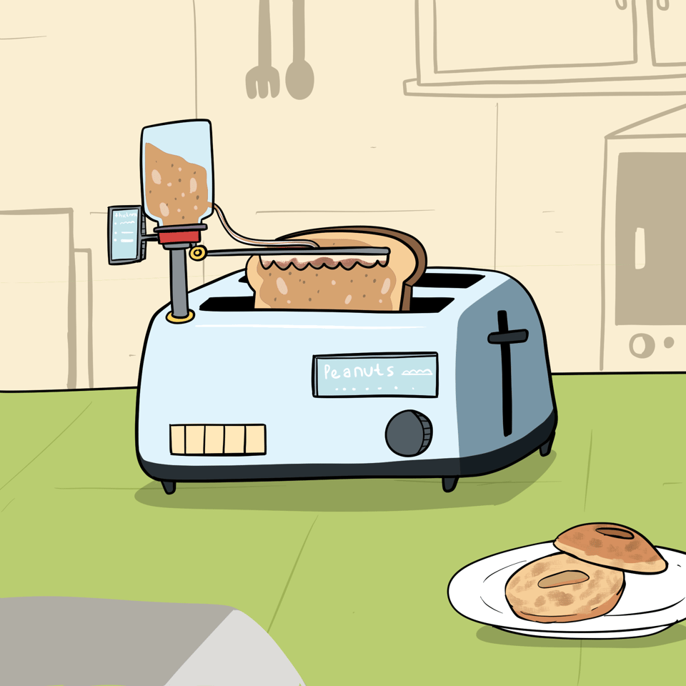 A toaster with a digital display saying peanuts has a piece of toast emerging from it. An attachment containing peanut butter is feeding the spread to a kind of windscreen wiper that is spreading the peanut butter onto the toast. A bagel is sitting on a plate nearby.