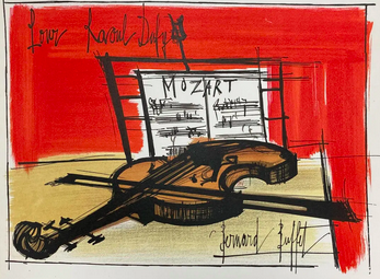 A1965 Bernard Buffet lithograph called "Hommage a Raoul Dufy" that shows a violin in front of Mozart sheet music
