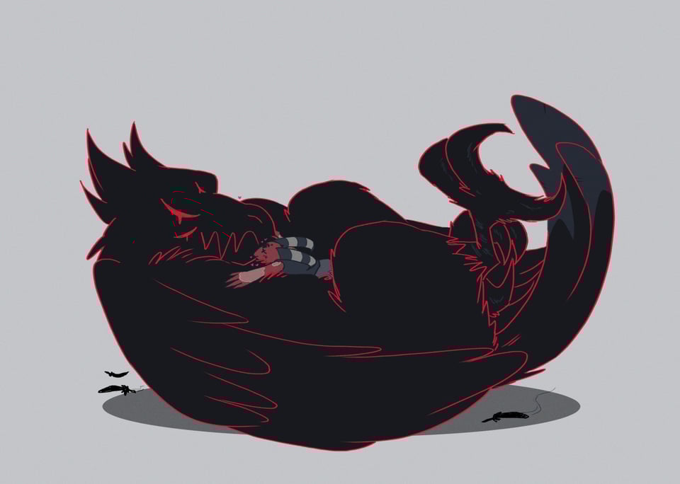 art of Blitz and Stolas in his demon eldritch form, Blitz laying spread-eagled on top of Stolas' chest as they both sleep.