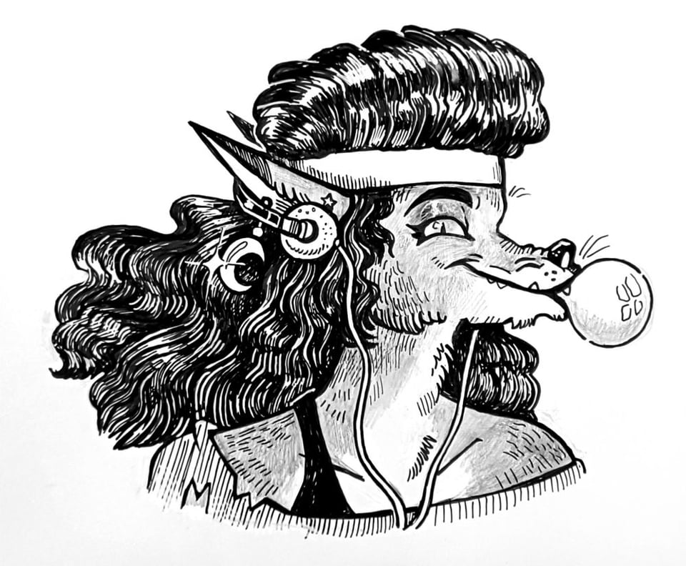 A black and white illustration of an 80s gym bunny except she's a werewolf. She's wearing a headband, headphones for a Discman and blowing some bubble gum