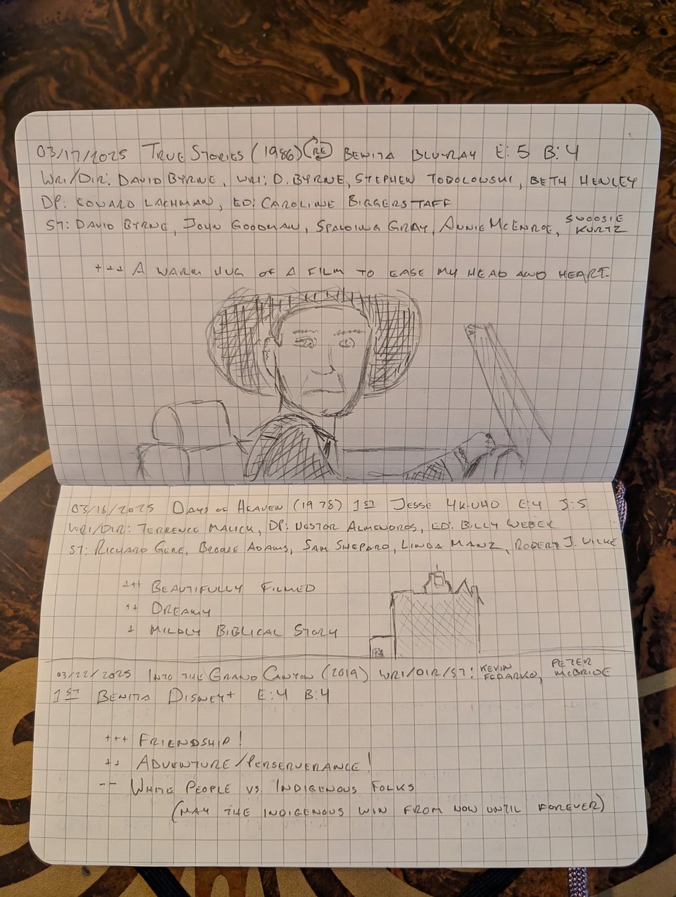 A quad-ruled notebook with handwritten notes/drawings about the movies True Stories, Days of Heaven, and Into the Grand Canyon.