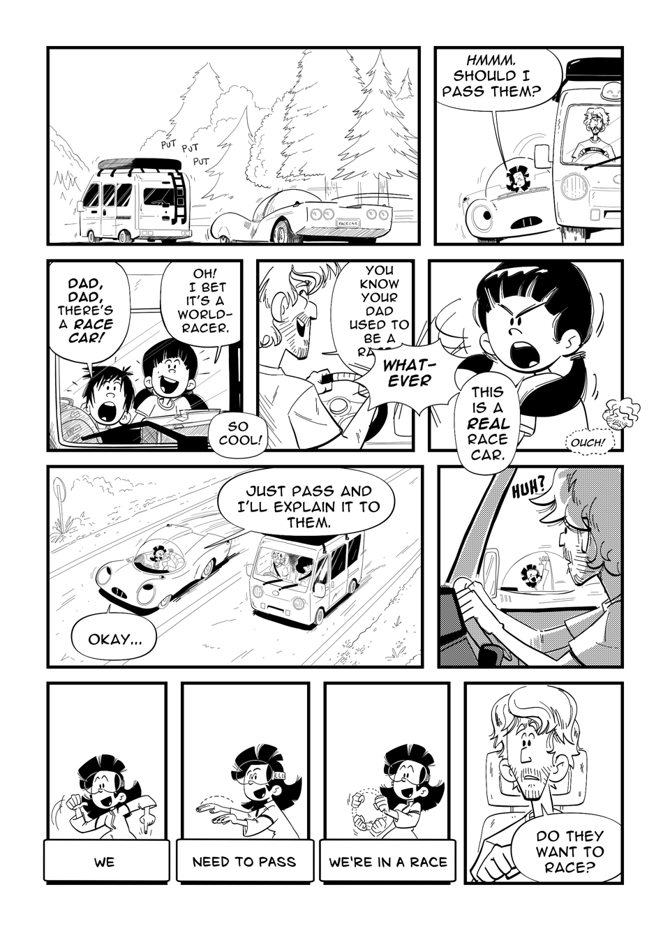 Worldracers Japan pg 2, Panel 1, Racecar drives up to a squat Japanese camper van. Panel 2, Racecar leans around the camper van, 