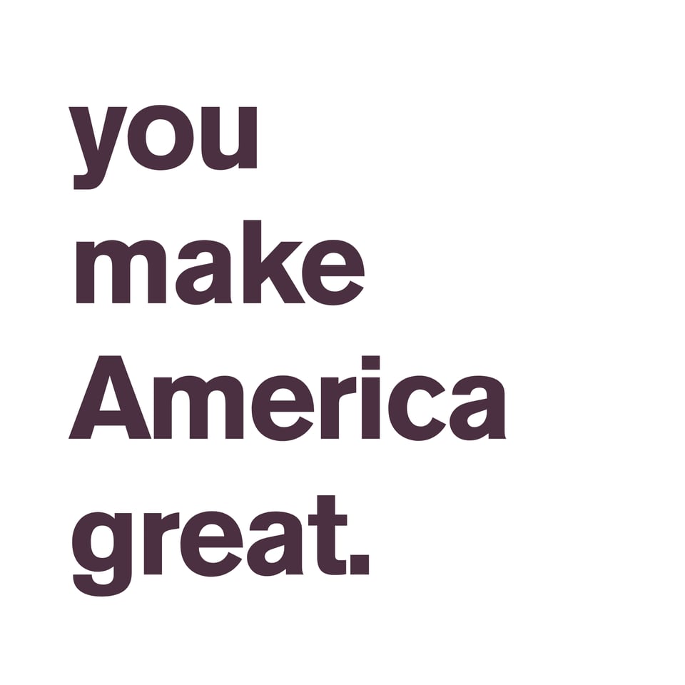 Digital mockup of a quilt label. Text reads, “you make America great.”