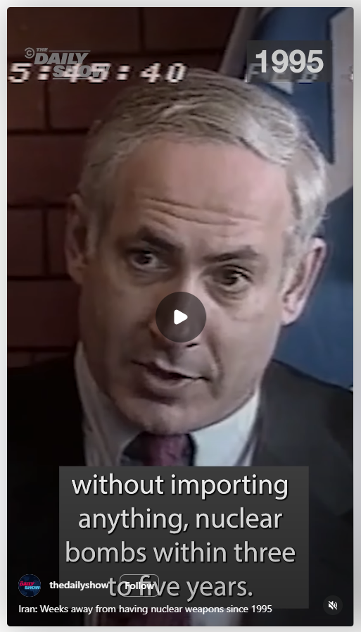 Screenshot from a video of Netanyahu lying in 1995 about Iran's nuclear ambitions and capabilities.