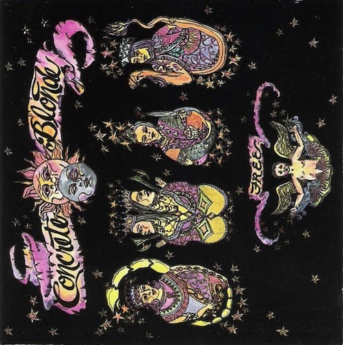 So this is five drawings on a black background with hand-drawn stars. There are four figures across the horizontal section, and one below that. Each of the first four figures is reminiscent of the kings, queen, jacks of playing cards, but they have a kind of ancient Babylonian feel. (My apologies for not knowing the culture of the figures in the drawings.) The first one has a hat and shoulder length hair, and a scorpion tail. The second are two king-like people, facing away from each other but enjoined at the back. The third is I think a woman, holding a sword. The fourth has a crown like a king on aplying card, but his lower half appears to be a lion; he holds up his right arm/paw and holds his tail with his left paw. Below them is a cherub-type figure, arms outstretched.