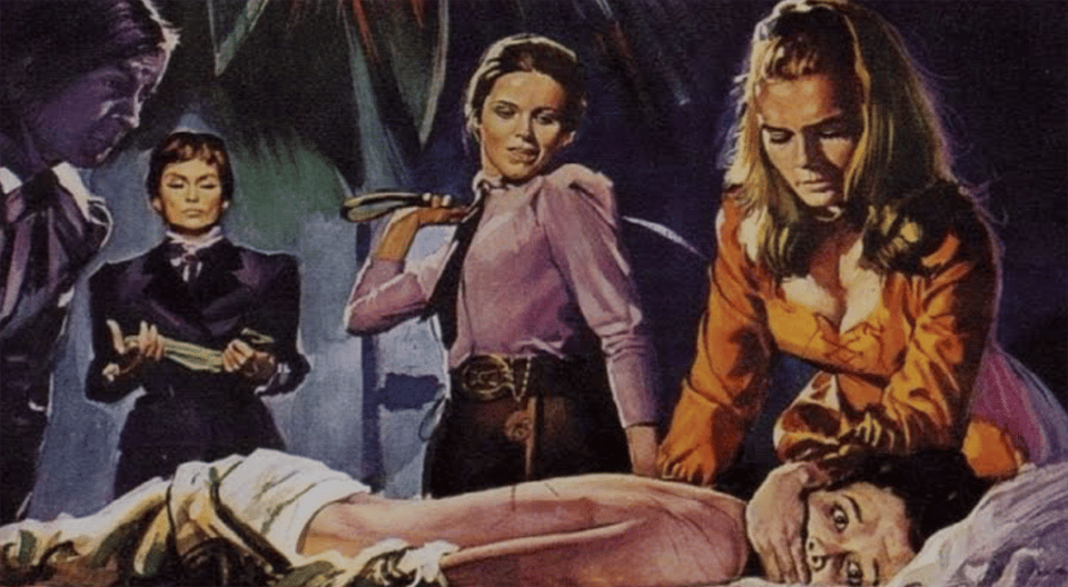 Poster illustration for The House that Screamed: a young woman holds another down on a bed, her back stripped bare, as a third one whips her and two older women watch with disgust and, perhaps, erotic interest.