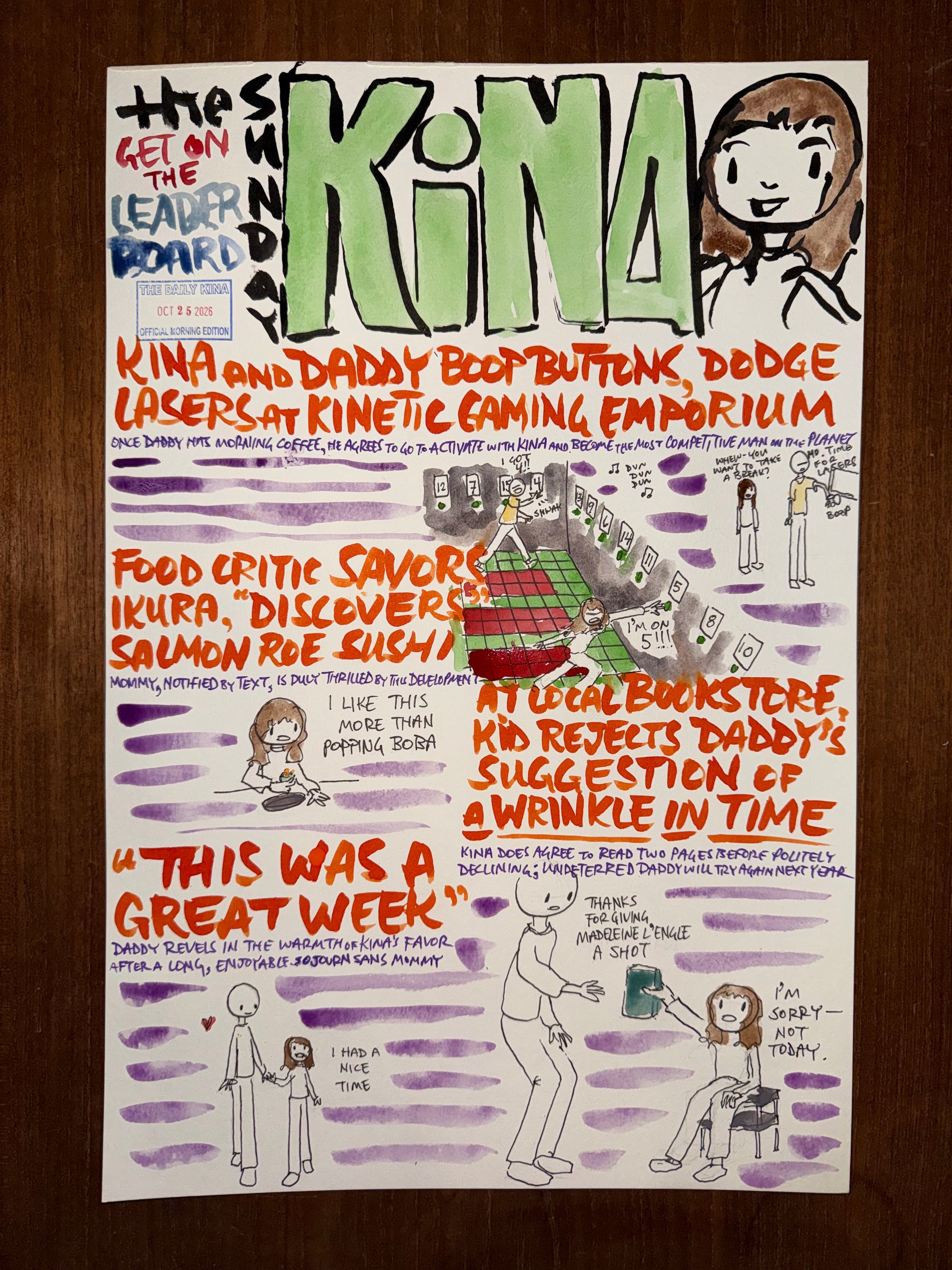 The Daily Kina for October 25, 2026. Top story: Kina and Daddy Boop Buttons, Dodge Lasers at Kinetic Gaming Emporium. Also in this issue: Food Critic Savors Ikura, Discovers Salmon Roe Sushi; At Local Bookstore, Kid Rejects Daddy’s Suggestion of a Wrinkle in Time; “This Was a Great Week”.
