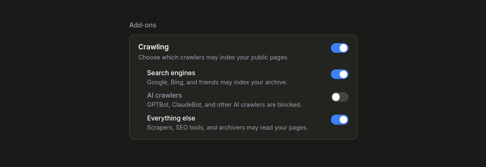 A screenshot of Buttondown's web crawler settings. There are toggles for allowing or disallowing Search Engines, AI Crawlers, and other scrapers from indexing your newsletter.