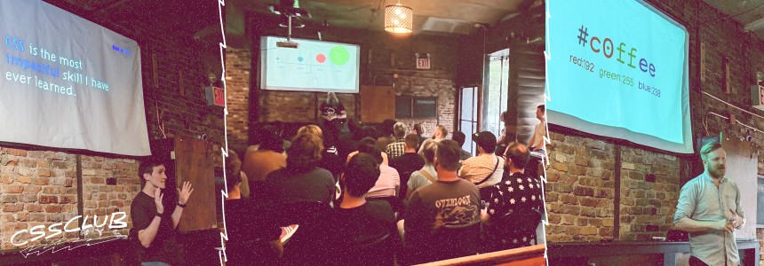 CSS Club NYC #1: A collage of three different photos of speakers and the audience