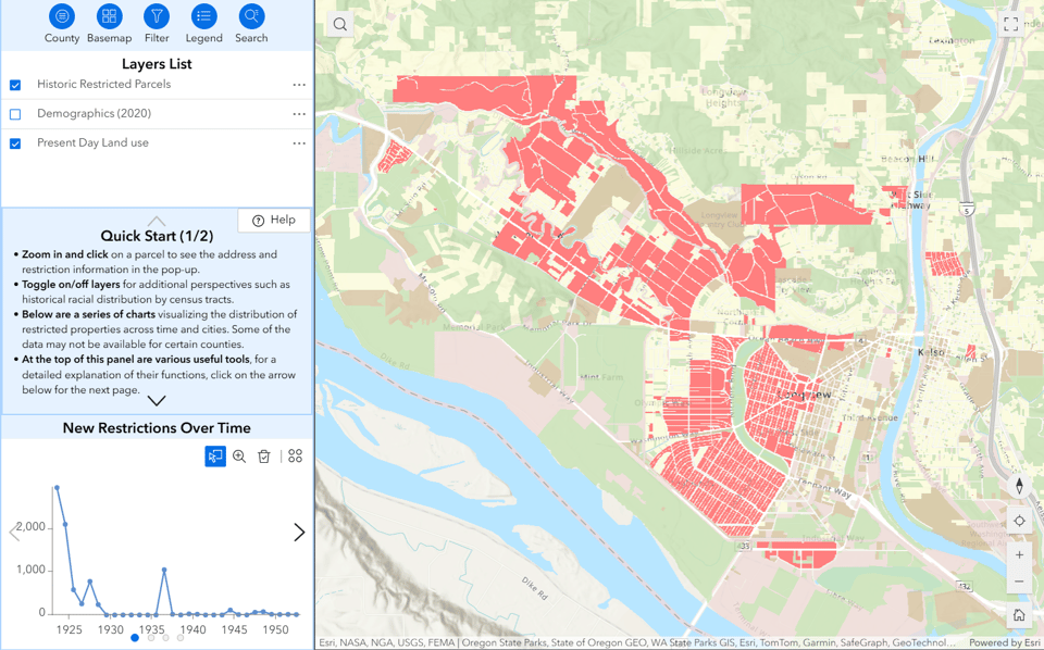 A map of Cowlitz County centered on the city of Longview, Wash. with some properties filled in red.