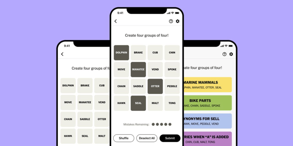 Mobile phone screens showing the NYT Connections puzzle.
