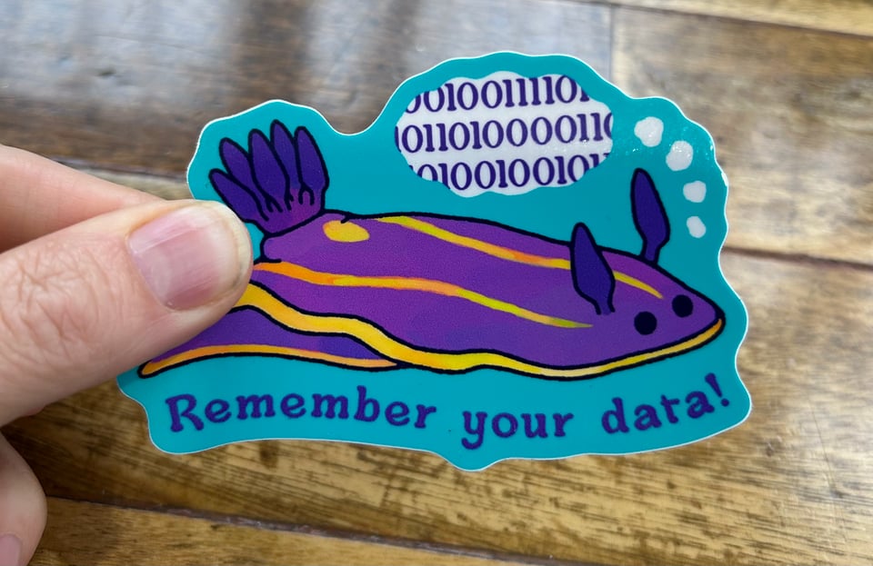 a 3 inch long sticker of a purple nudibranch on a teal background. the nudibranch has a thought bubble above its head with numbers in it and purple text at the bottom reads 'remember your data'