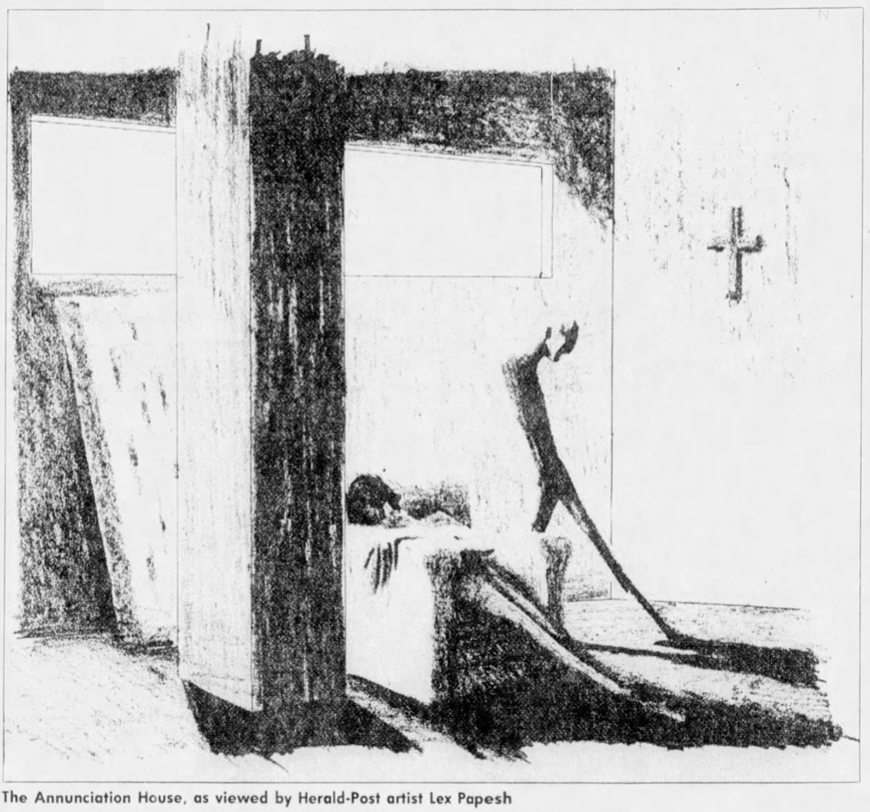 Stylized pencil drawing of a standing figure and a figure slumped on a couch, in a room with a big window and a cross on one wall.