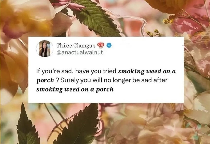 @anactualwalnut: If you're sad, have you tried smoking weed on a porch? Surely you will no longer be sad after smoking weed on a porch