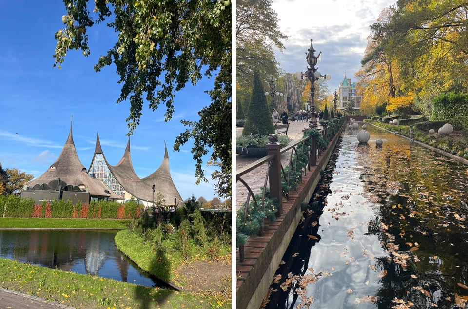 Two photos - one shows the gnome-like houses of Efteling, the other shows a canal covered in autumnal leaves