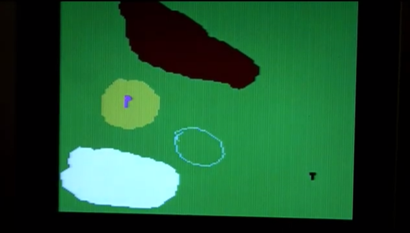 A user-generated golf course for Leo's Links, a PowerPad game. The course contains a water feature, sand trap, tee, and hole.