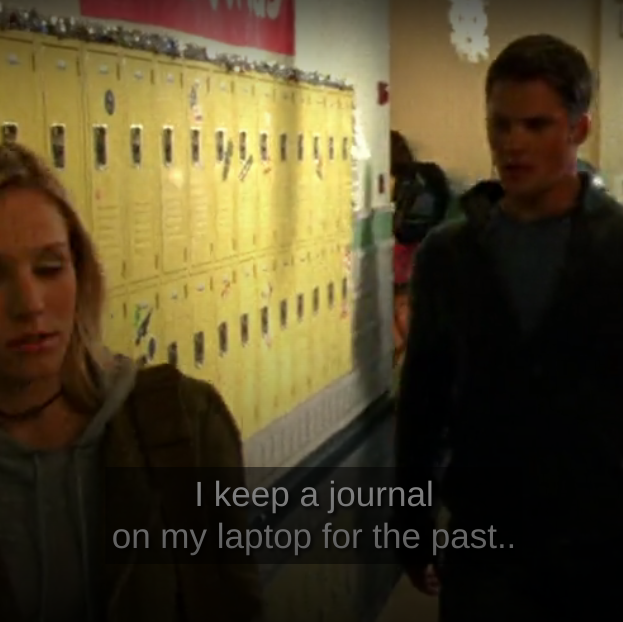 screencap from Veronica Mars episode "An Echolls Family Christmas," showing Veronica and Duncan in the school hallway. a caption reads "I keep a journal on my laptop for the past..."