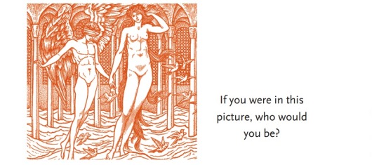 An old woodcut of a blindfolded male angel holding hands with a taller woman, with the caption "if you were in this pciture, who would you be?"