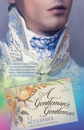 The book cover of the US edition of A Gentleman's Gentleman. A man is visible from the mouth down and is wearing highly decorative blue and white Regency era clothing.