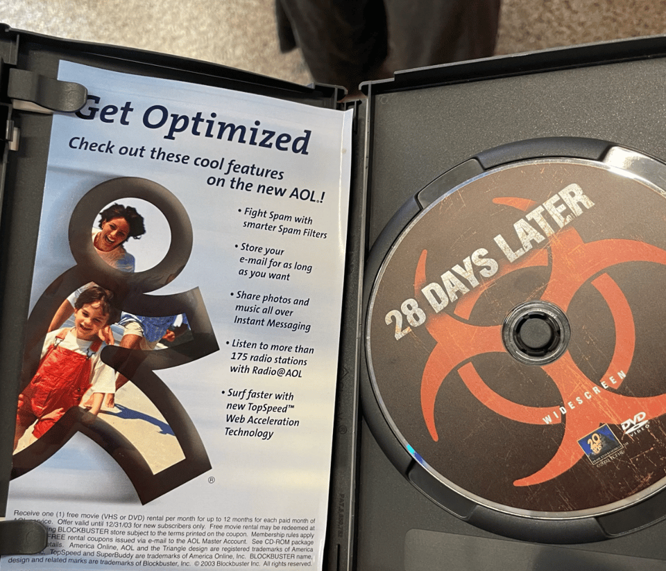 a 28 days later dvd that still has an ad for AOL in the dvd case