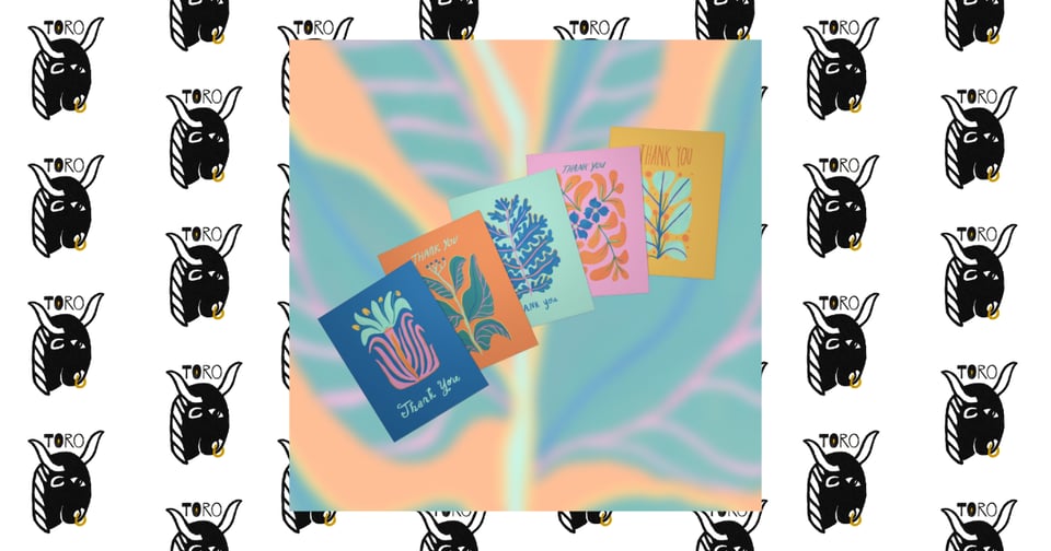 5 greeting cards splayed diagonally on a blurred background. Image is on top of a repeating TORO bull logo pattern.