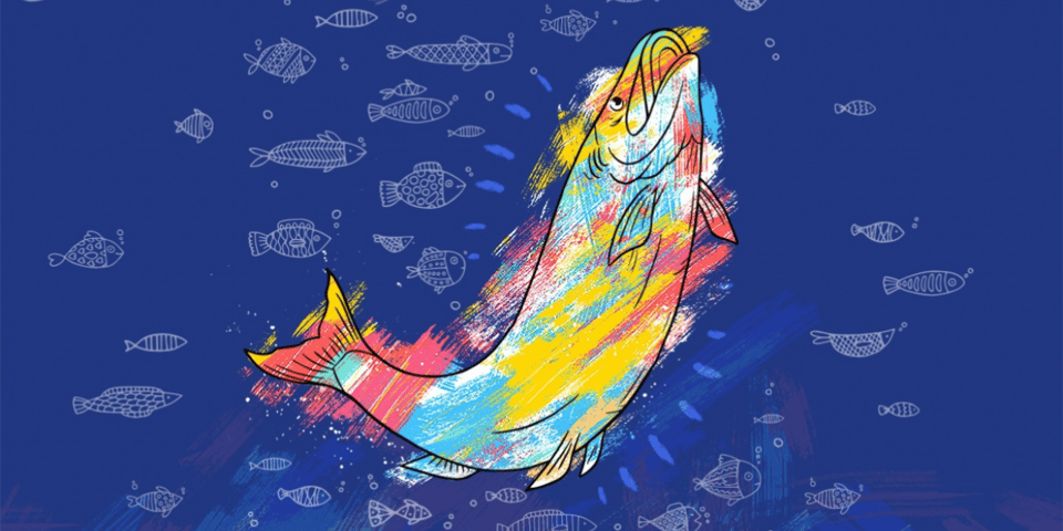 A colourful cartoon of a salmon.