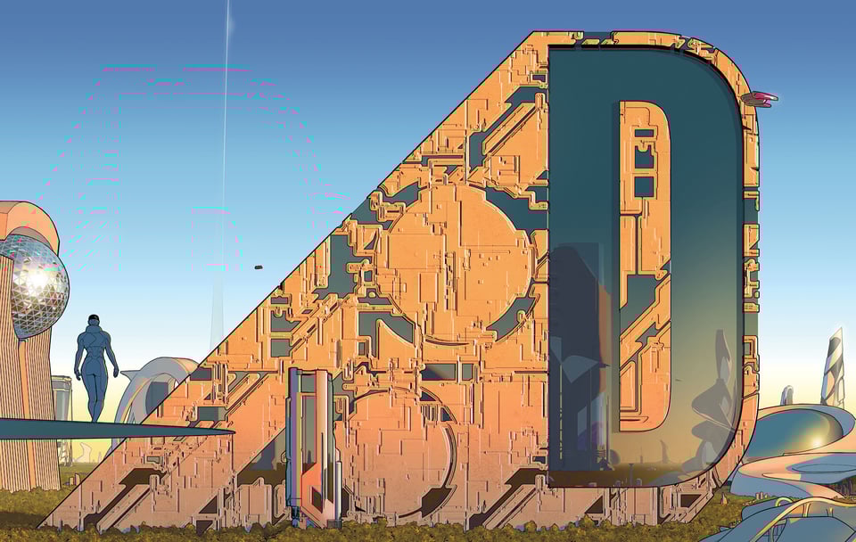 My cover for The Devil's Cut. It focused on an enormous futuristic building shaped like a giant letter D. It towers over some kind of forest, and other giant buildings are visible in the background. In the far distance, we can just about see the land rise up into the sky above us, because we're on an Orbital habitat, an artificial world shaped like a ring, with the living surface on the inside. In the foreground, tiny by comparison, is the lead from my story stood on that viewing tower, looking out across the city.