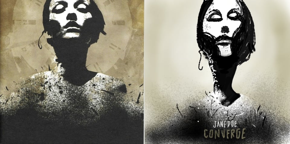 A heavily photoshopped or otherwise artistically treated black and white photograph of a model, her eyes almost closed and her mouth slightly open. Her cheeks have been taken out, making the shape of her head skull-like, her neck, covered in shadow seems unnaturally elongated, and her body appears to be beaking apart or otherwise decaying. "Decay" would probably be an accurate theme of the picture.