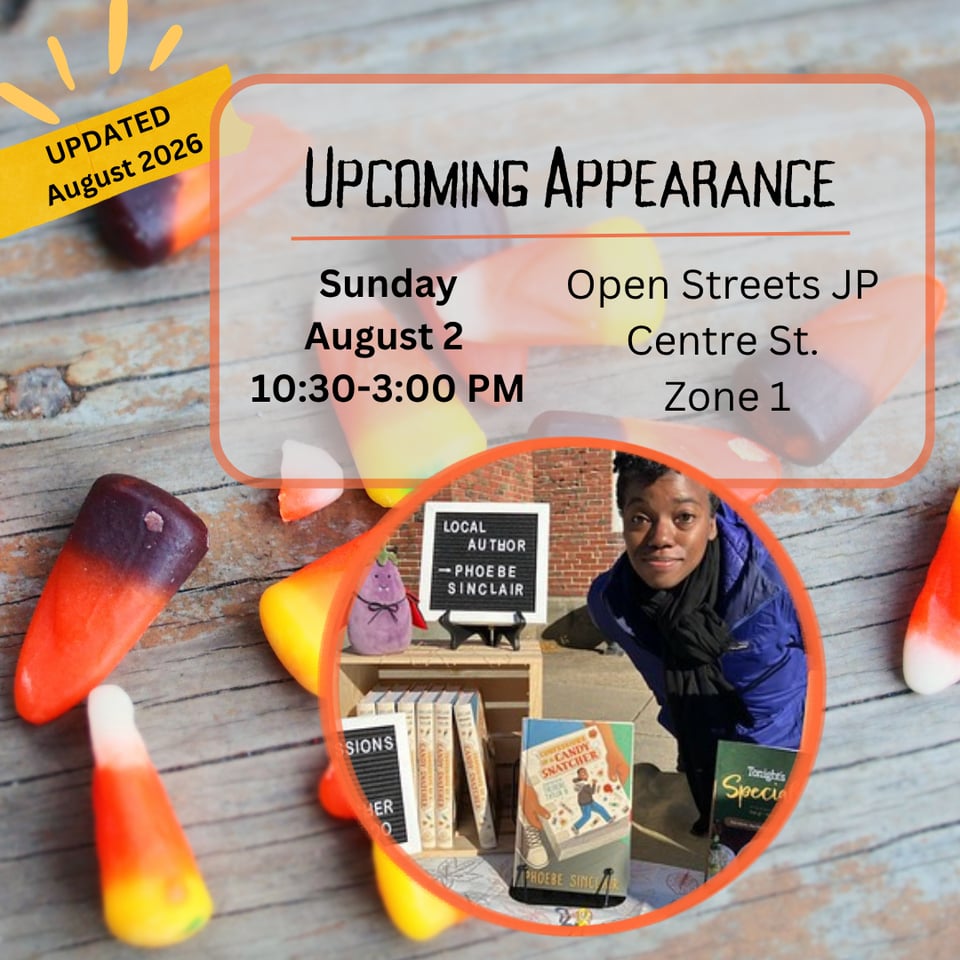 Image showing a photo of author Phoebe Sinclair posing near books, with details about location and time to see her at a local community fair