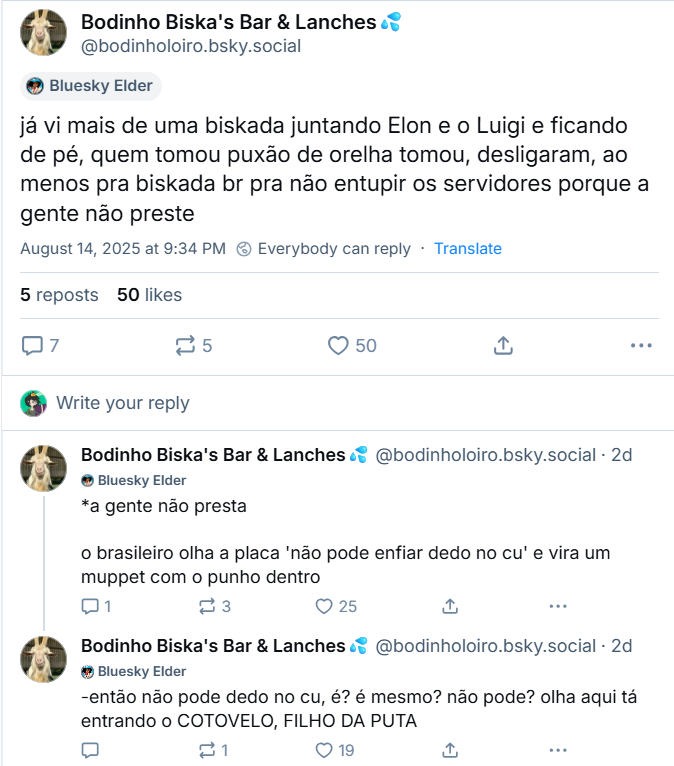 imagem mostra uma sequência de três posts do ‪Bodinho Biska's Bar & Lanches💦‬ (‪@bodinholoiro.bsky.social‬) com os seguintes textos: já vi mais de uma biskada juntando Elon e o Luigi e ficando de pé, quem tomou puxão de orelha tomou, desligaram, ao menos pra biskada br pra não entupir os servidores porque a gente não preste. *a gente não presta. O brasileiro olha a placa 'não pode enfiar dedo no cu' e vira um muppet com o punho dentro. Então não pode dedo no cu, é? é mesmo? não pode? olha aqui, tá entrando o COTOVELO, FILHO DA PUTA.