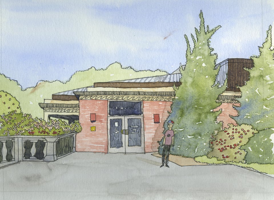A sketch of person and historic building