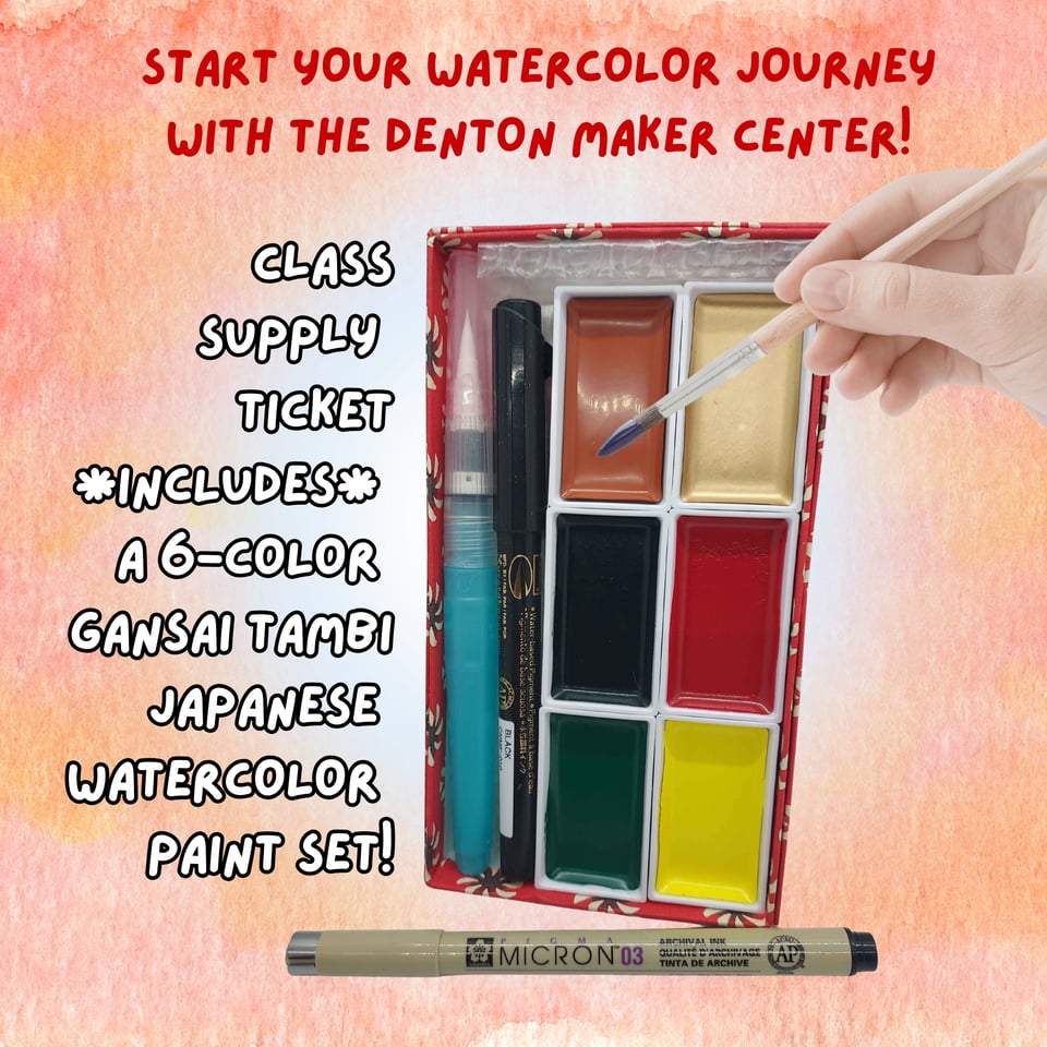 Start your watercolor journey with the Denton Maker Center! Class supply ticket includes a 6-color Gansai Tambi Japanese watercolor paint set!