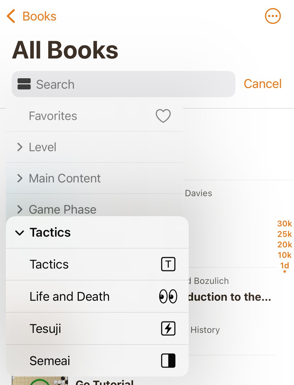 Popup menu allowing you to filter by specific kinds of topics