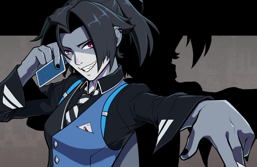 A shark-girl in a dealer's uniform brandishing cards and smiling wickedly