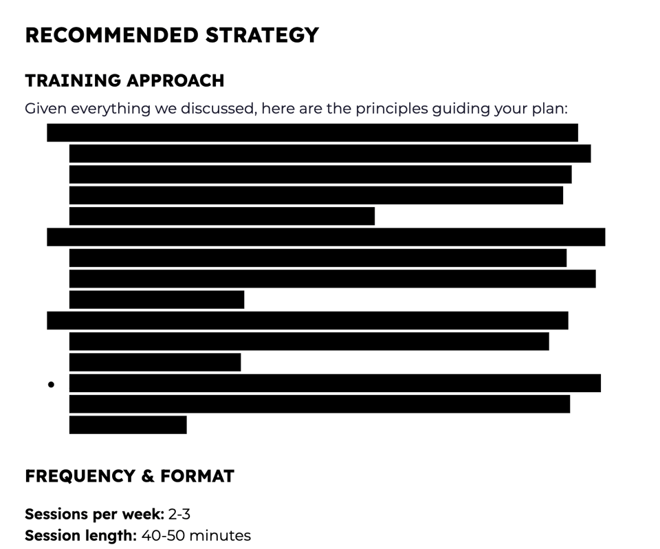 A continuation of the report showing “Recommended Strategy” and “Training Approach,” outlining guiding principles. At the bottom, it lists “Frequency & Format: 2–3 sessions per week, 40–50 minutes.”