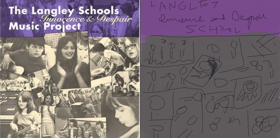 A collage of black and white photographs of children of various ages, probably around 8-12 years old. Some of them are playing instruments like guitar and bass and drums, some are clapping, some are grouped together singing.