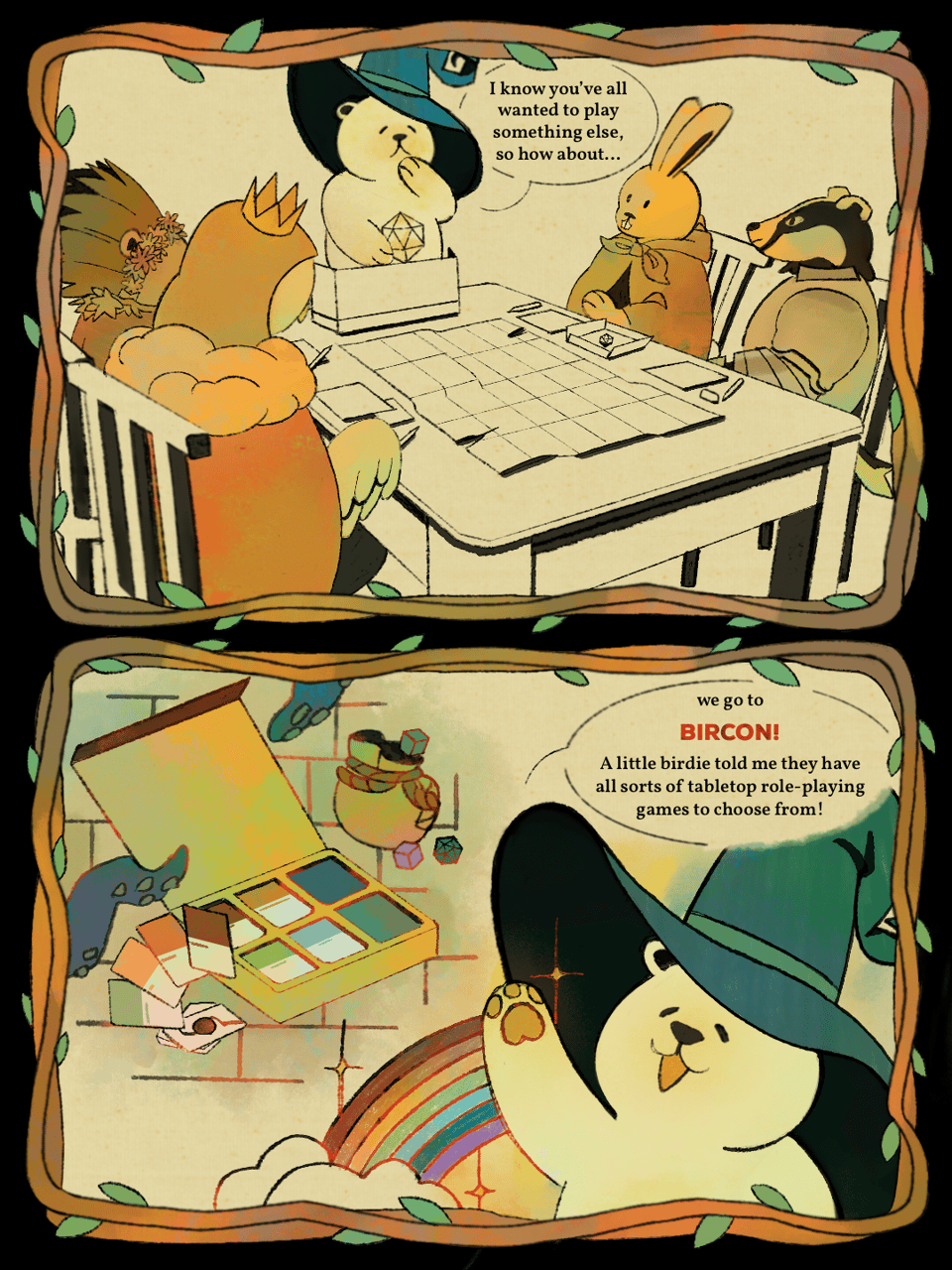 First panel: BIRCON bear as GM and anthropomorphic animals as players. Bear: "I know you've all wanted to play something else, so how about...". Second panel: Bear close-up, rainbow, gaming accessories. Bear: "...we go to BIRCON! A little birdie told me they have all sorts of tabletop role-playing games to choose from!"