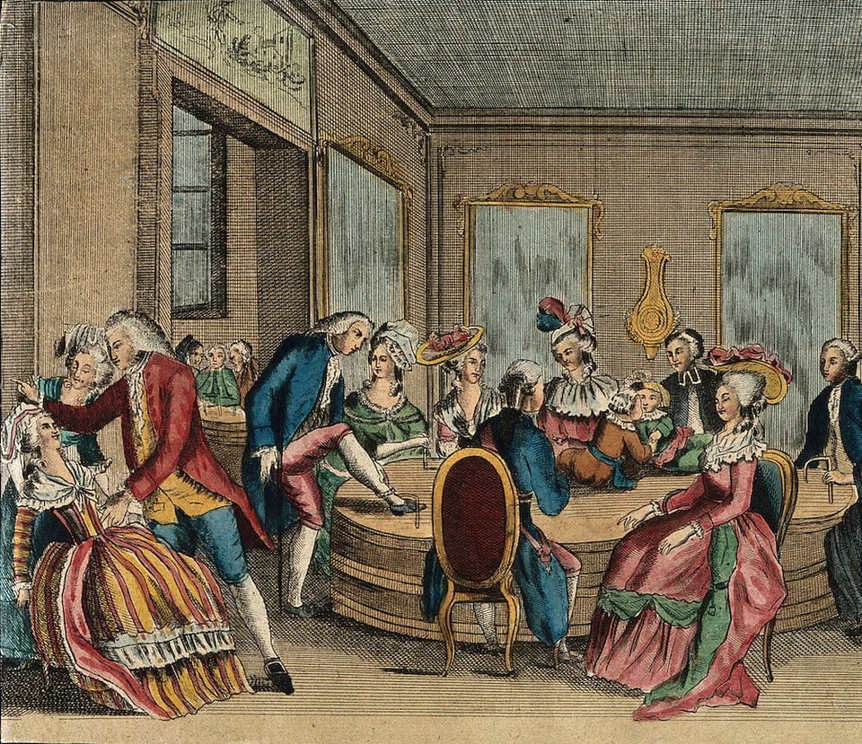An etching of a group of people interested in animal magnetism in the late 1790s France. Women are swooning and men are grabbing metal rods. The meeting is taking place in a salon.