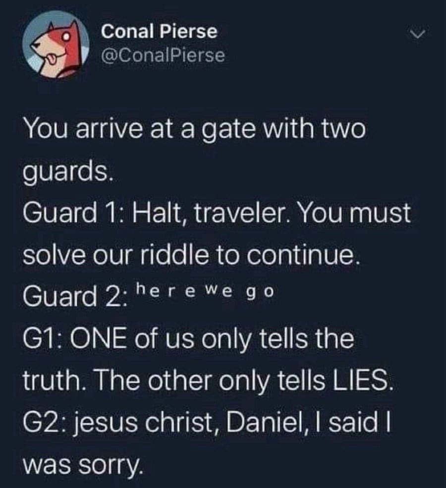 @ConalPierse: You arrive at a gate with two guards. // Guard 1: Halt, traveler. You must solve our riddle to continue. // Guard 2: here we go // Guard 1: ONE of us only tells the truth. The other only tells LIES. // Guard 2: jesus christ, Daniel, I said I was sorry.