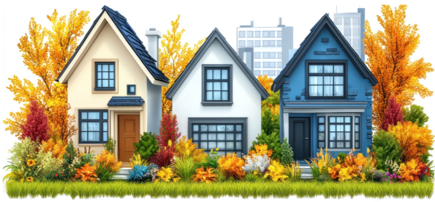 Three suburban homes with autumn foliage and a cityscape in the background. Adobe Express