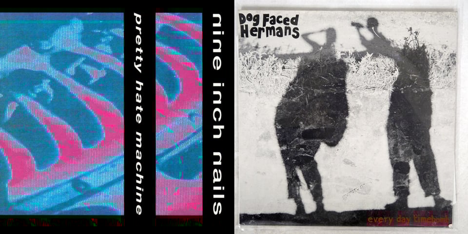 First pic: A digitized photgraph of some kind of machinery. It kinda looks like "Predator Vision" but the colors are blue and pink. It could be the wheelwell of a motorcycle? Maybe an engine? A close up of an indoor fan? No idea. Second pic: A black and white photo of the ground, with two shadows across the ground. Shadow on the left appears to be a woman, carrying a bag and holding a hand to her brow, possibly to block out the light. On the right is a shadow of a man, who I believe is holding out the camera that is taking the picture. It looks like his head is missing?